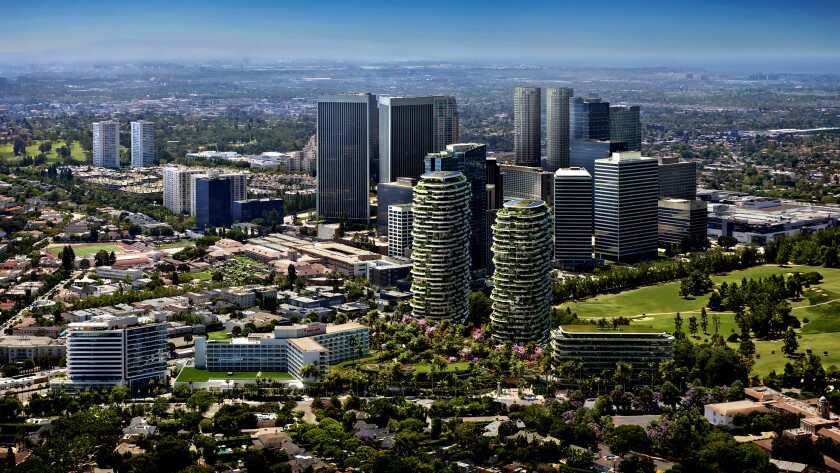 An aerial view of the proposed One Beverly Hills complex