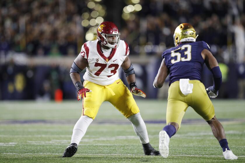 SOUTH BEND, IN - OCTOBER 12: Austin Jackson #73 of the USC Trojans blocks during a game against the Notre Dame Fighting Irish at Notre Dame Stadium on October 12, 2019 in South Bend, Indiana. Notre Dame defeated USC 30-27. (Photo by Joe Robbins/Getty Images)