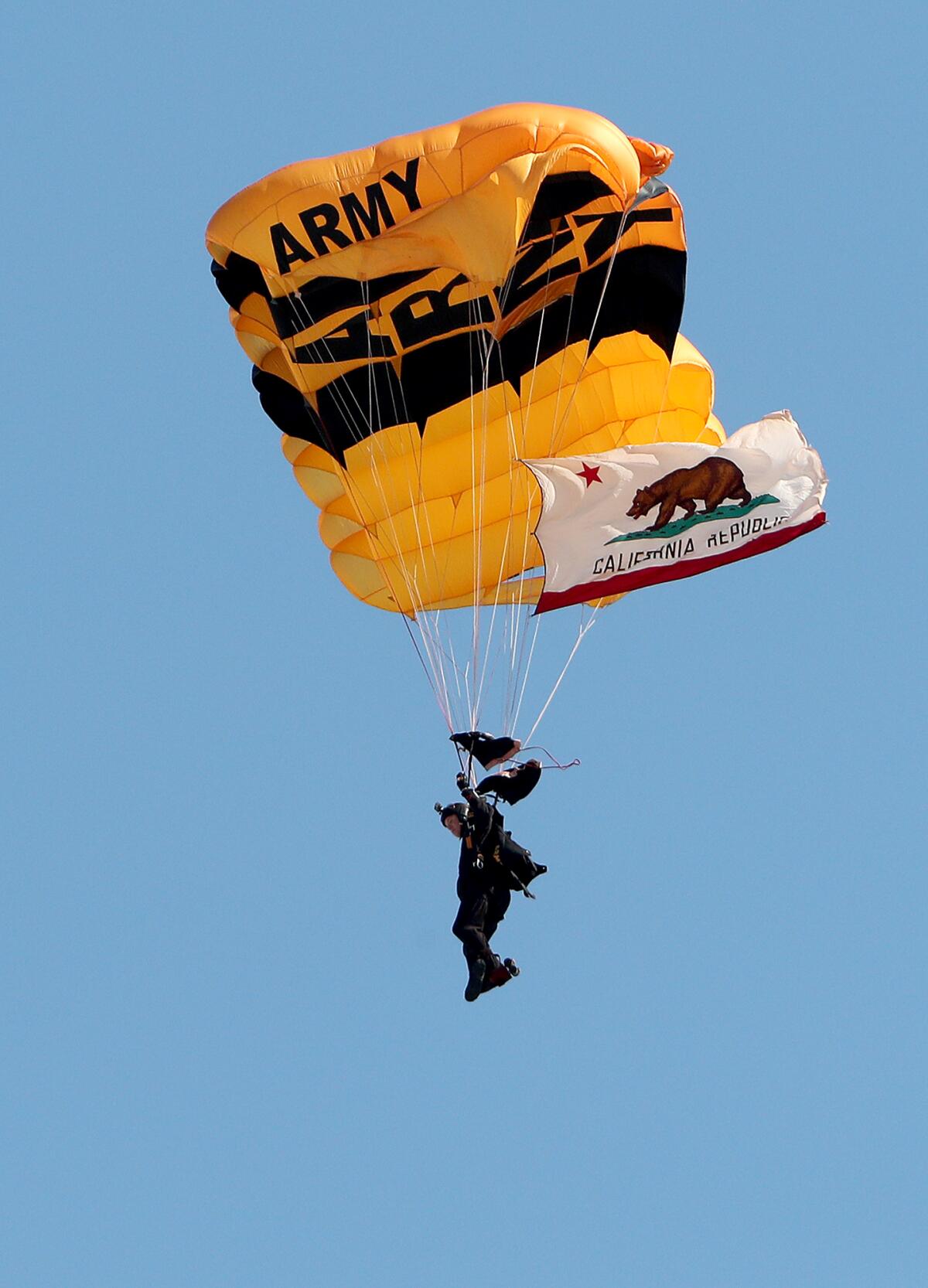A member of the U.S. Army Golden Knights comes in for a landing on the first day of the Pacific Airshow last year.