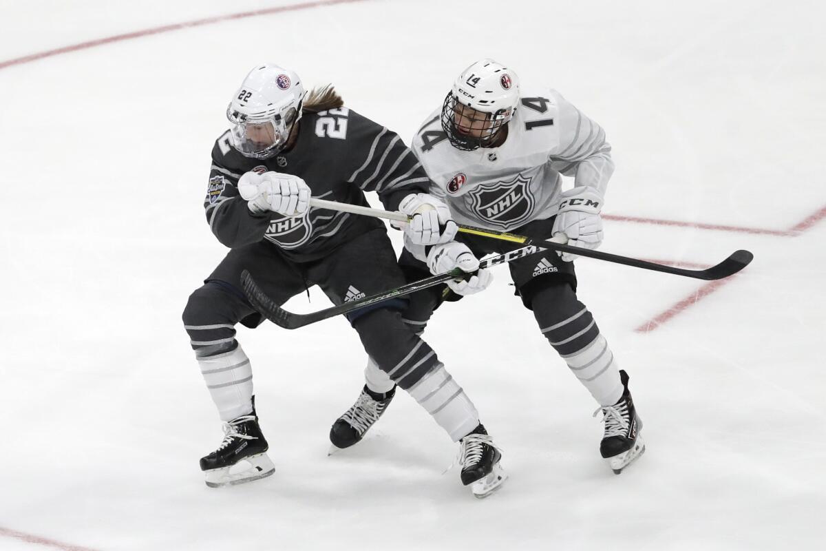 Kacey Bellamy (22) of the United States and Renata Fast (14) of Canada battle for the puck during the first period of the women's three-on-three game during NHL All-Star weekend.