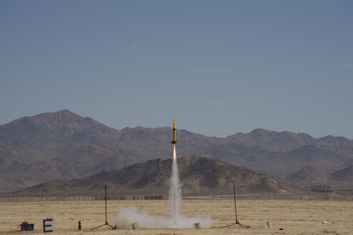 The Ivy Max team's rocket launches during the finals of the American Rocketry Challenge in Lucerne Valley in June.