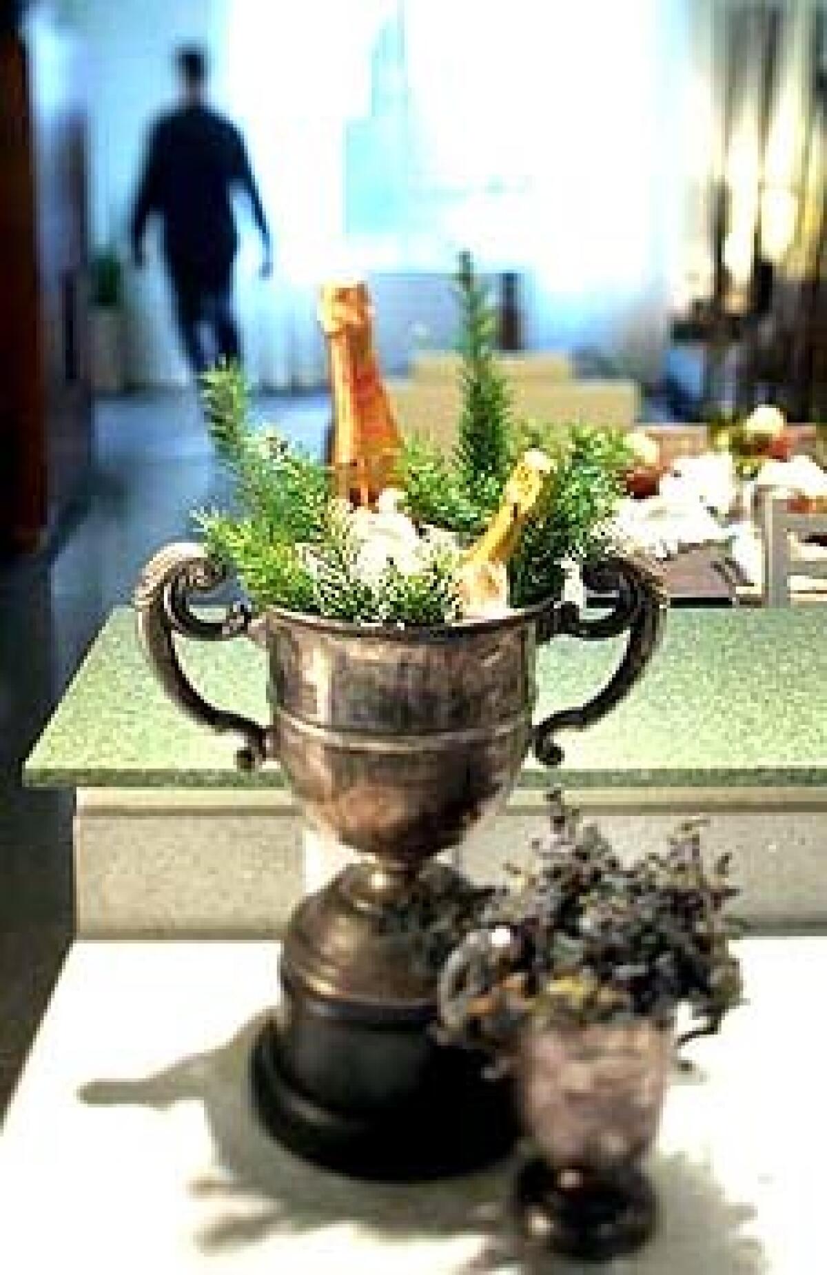 Bottles of Champagne ice up with sprigs of winter greenery in an antique trophy bucket that flaunts its age in unpolished splendor. In the foreground, a smaller vase holds black privet berry.