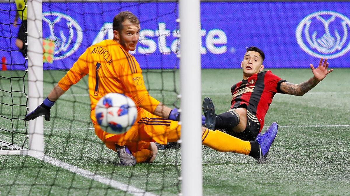 Franco Escobar of Atlanta United scores the second goal past goalkeeper Jeff Attinella of Portland Timbers in the second half during the 2018 MLS Cup.