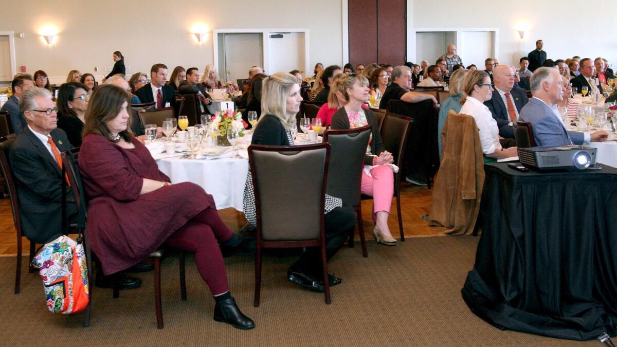 Attendees listen to Burbank Unified School District Supt. Matt Hill speaking at the State of the Schools breakfast at Castaway Restaurant in Burbank on Thursday, March 9, 2017.