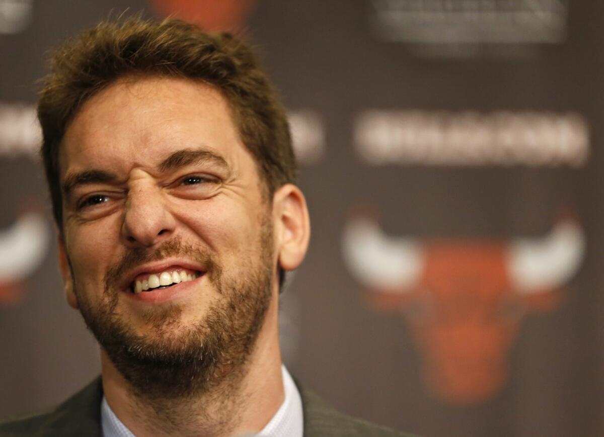 Former Lakers big man Pau Gasol was introduced at a new conference Friday as one of the newest members of the Chicago Bulls after spending the better part of the last seven seasons in L.A.