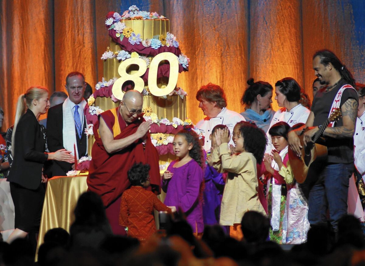 The 14th Dalai Lama at the Global Compassion Summit in Anaheim for the Nobel Peace Prize winner’s 80th birthday celebration. The Dalai Lama’s actual birthday is Monday. Organizers chose the early celebration to coincide with his birthday in Tibet.