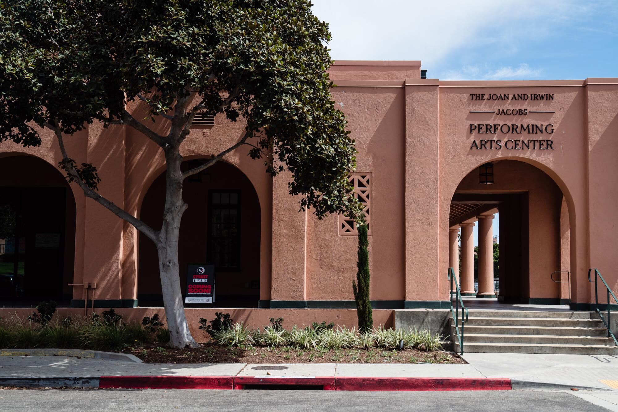 Joan and Irwin Jacobs Center for the Performing Arts, a Spanish Revival building with arches.