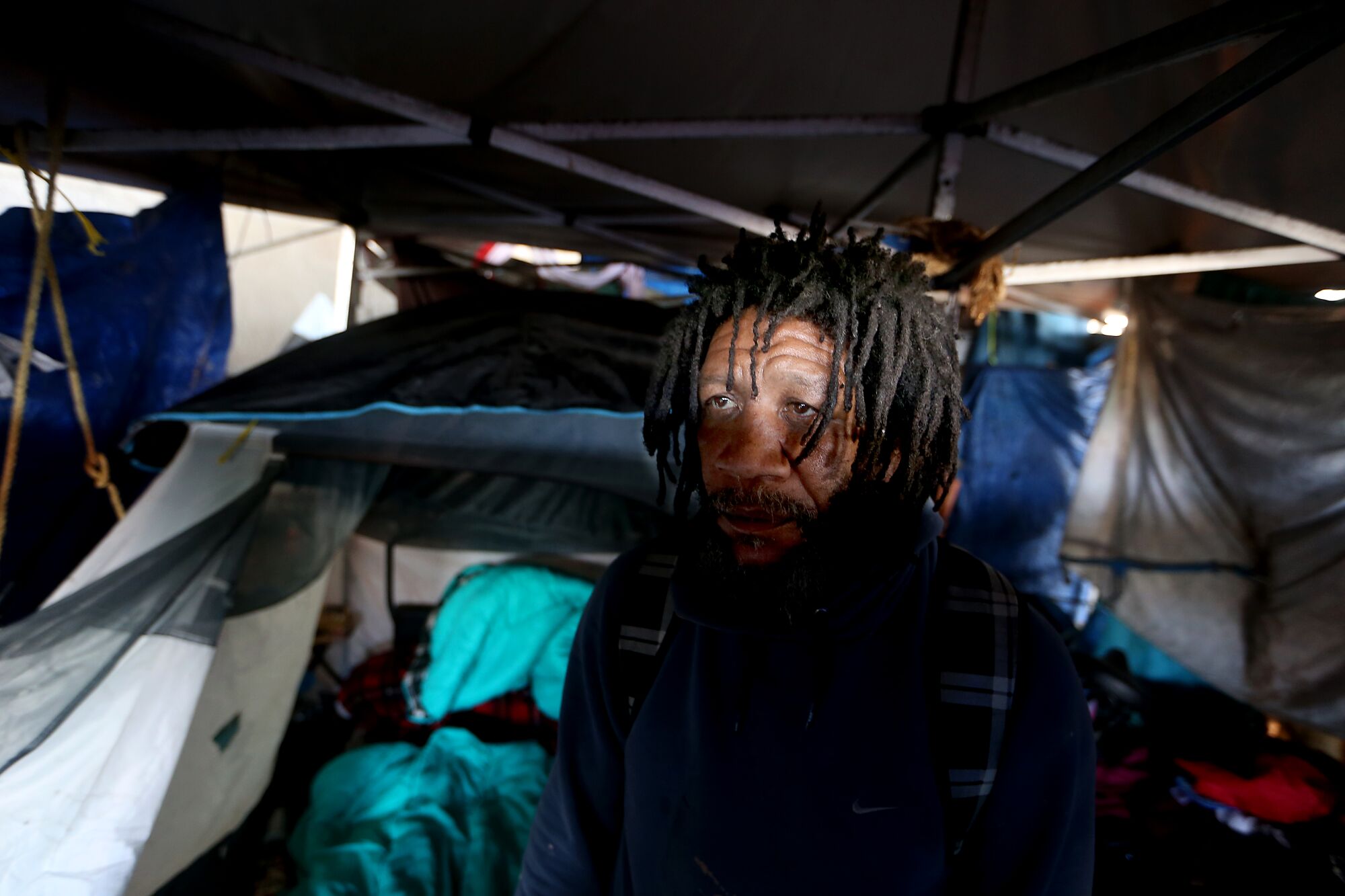 An unhoused man named Roscoe lives in a tent under the 405 Freeway bridge 