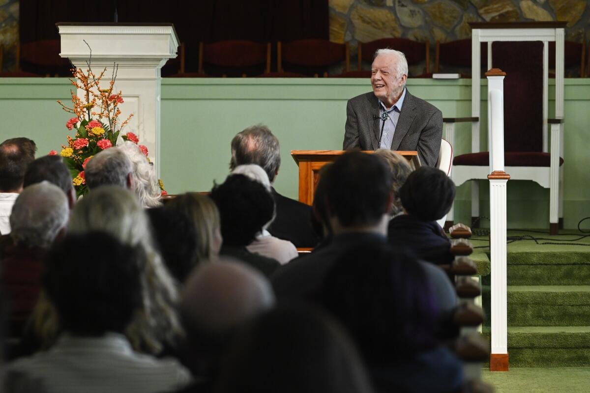 Former President Carter teaches Sunday school at Maranatha Baptist Church in Plains, Ga., on Sunday.