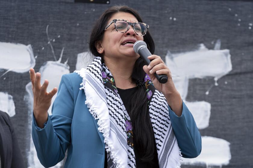 FILE - Rep. Rashida Tlaib, D-Mich., speaks during a rally at the National Mall during a pro-Palestinian demonstration in Washington, Oct. 20, 2023. (AP Photo/Jose Luis Magana)