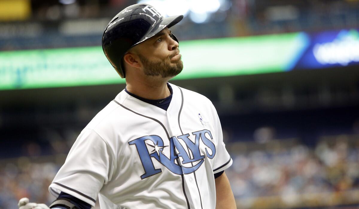 Tampa Bay Rays' Steve Pearce reacts after striking out during the third inning on Sunday.