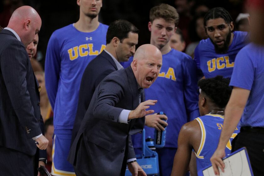 LOS ANGELES, CA - MARCH 7, 2020: UCLA Bruins head coach Mick Cronin has words for his players after defensive lapses against USC in the second half at Galen Center on March 7, 2020 in Los Angeles, California. (Gina Ferazzi/Los AngelesTimes)