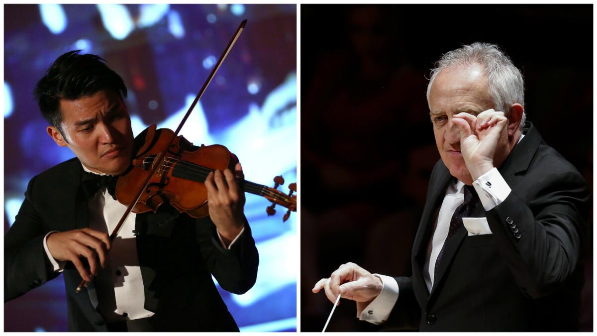 Violinist Ray Chen, left, shown in 2014, and conductor Bramwell Tovey, pictured in 2013, came together for an L.A. Phil program at Disney Hall.