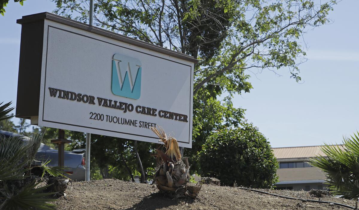 Windsor Vallejo Care Center's business sign at the center's entrance.