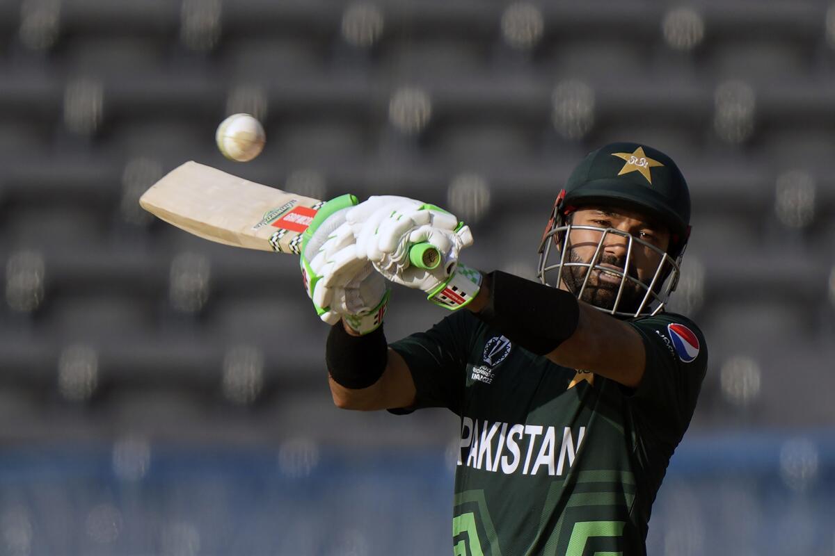 Pakistan's Mohammad Rizwan plays a shot during a World Cup match against the Netherlands on Friday.