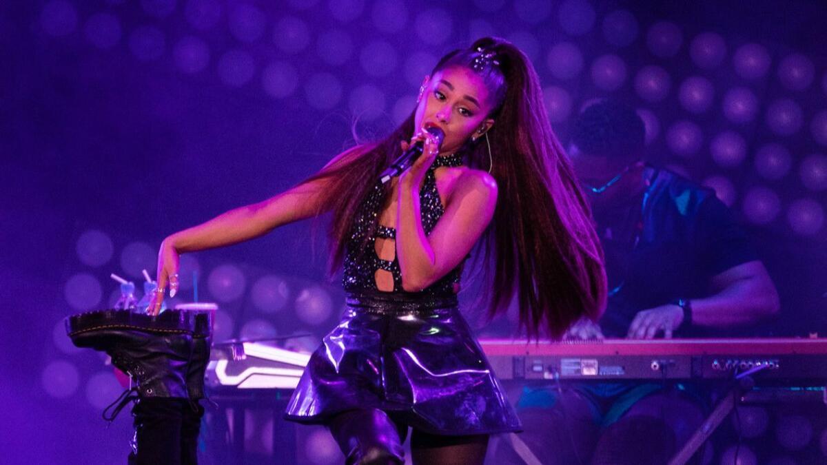 Ariana Grande performs at the Wango Tango concert at Banc of California stadium on June 2, 2018 in Los Angeles.