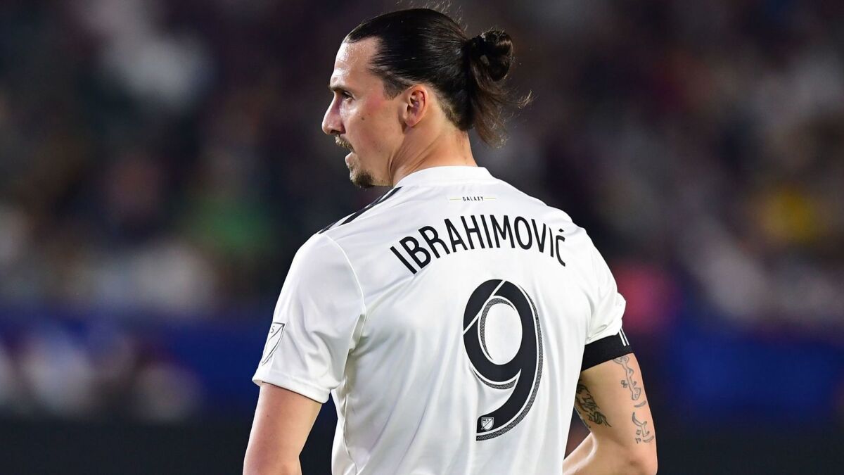 Zlatan Ibrahimovic looks on during a Major League Soccer match with the Galaxy against Atlanta on April 21.