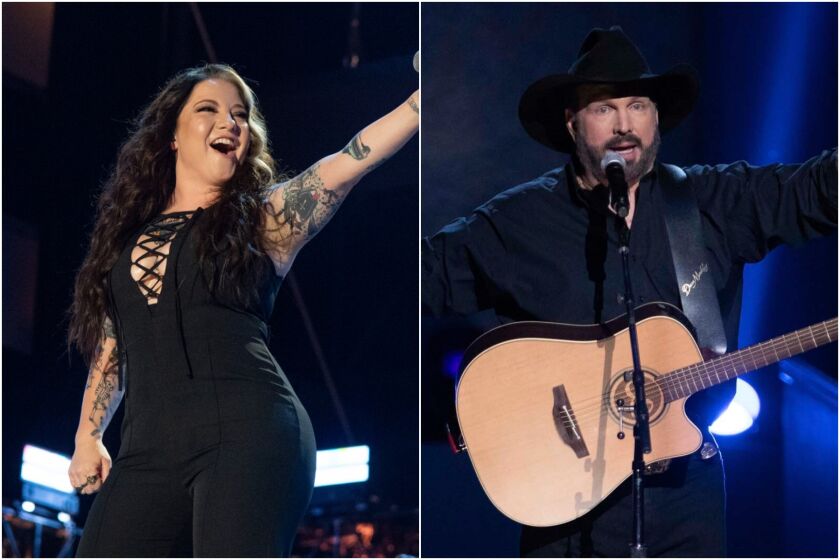 A split image of a woman in a black outfit holding a microphone and a man in a cowboy hat singing and playing guitar