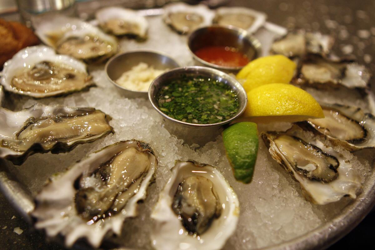 A platter of assorted oysters from Hog Island Oyster Bar is shown.
