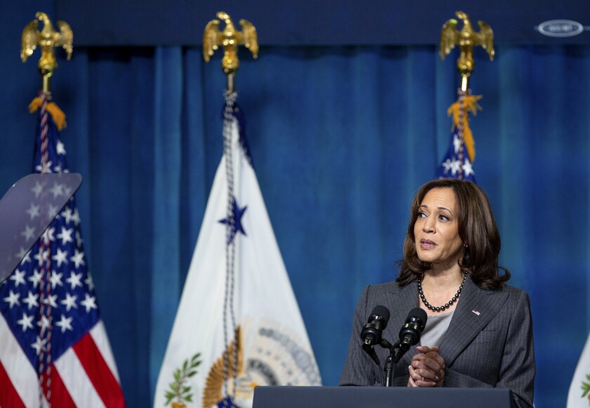 Vice President Kamala Harris claps her hands at a lectern