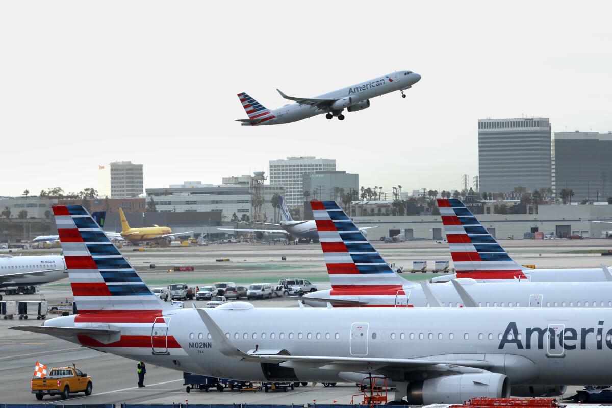 An American Airlines jet takes off from LAX on Jan. 11, 2023. 