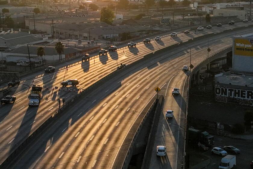 Los Angeles, CA, Monday, November 13, 2023 - Aerial views of the 10 Freeway days after a large pallet fire burned below, shutting the freeway to traffic. (Robert Gauthier/Los Angeles Times)