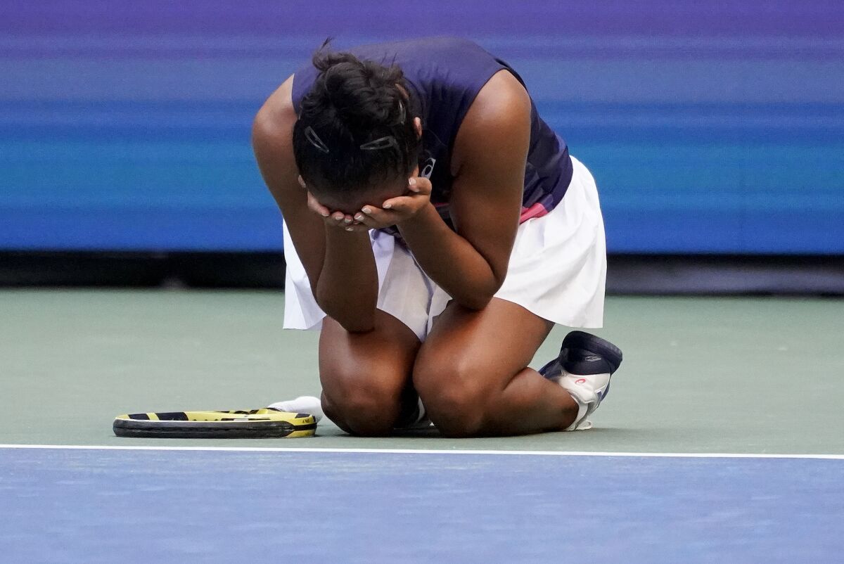 Leylah Fernandez, of Canada, reacts after defeating Elina Svitolina, of Ukraine, during the quarterfinals of the US Open tennis championships, Tuesday, Sept. 7, 2021, in New York. (AP Photo/Elise Amendola)