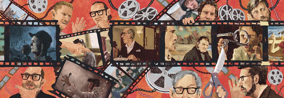 An illustration showing filmmakers, film reels and scenes from films.