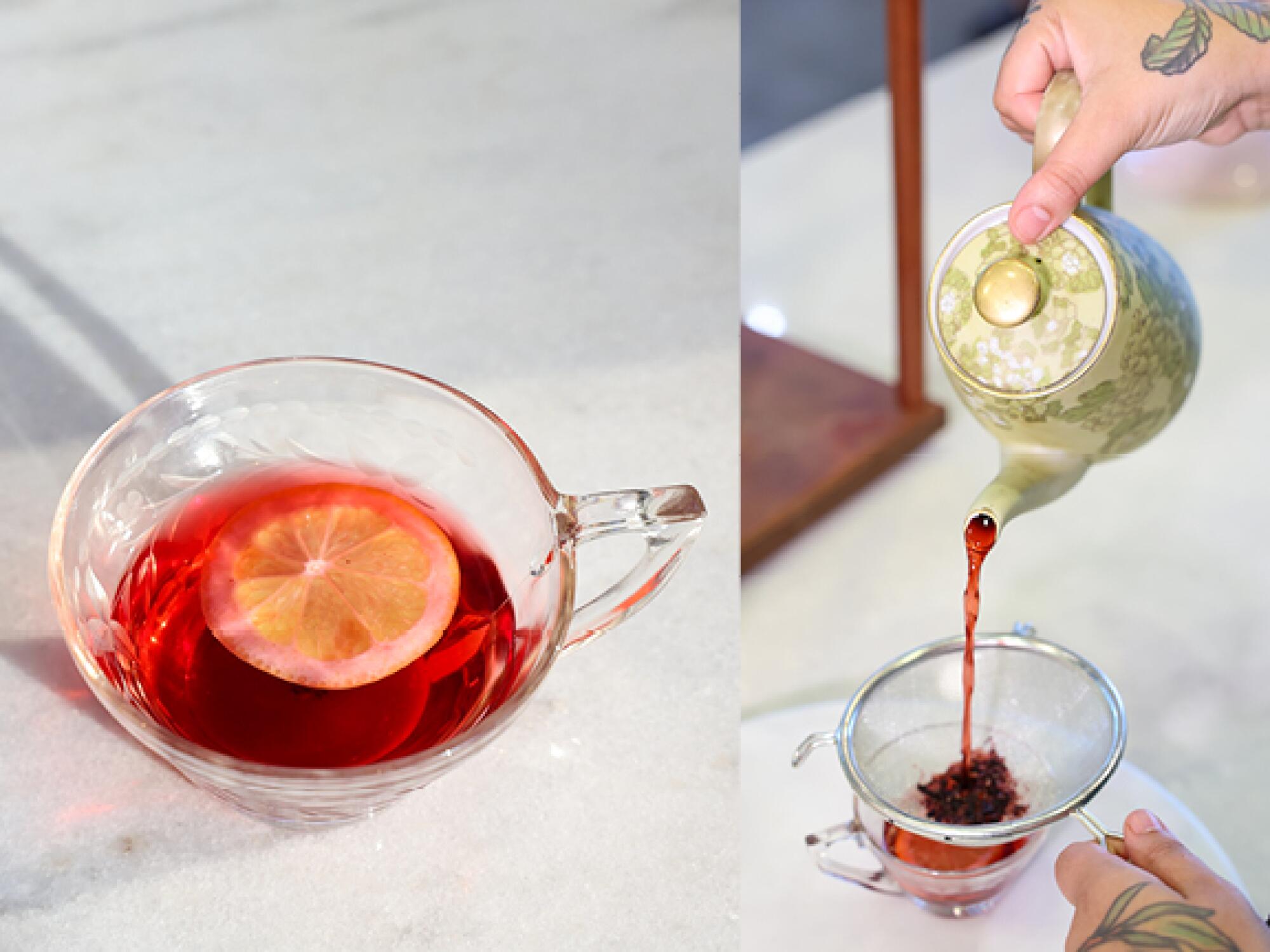 Reddish tea in a glass teacup, left; a hand holds a teapot and pours out reddish tea over a strainer into a cup.