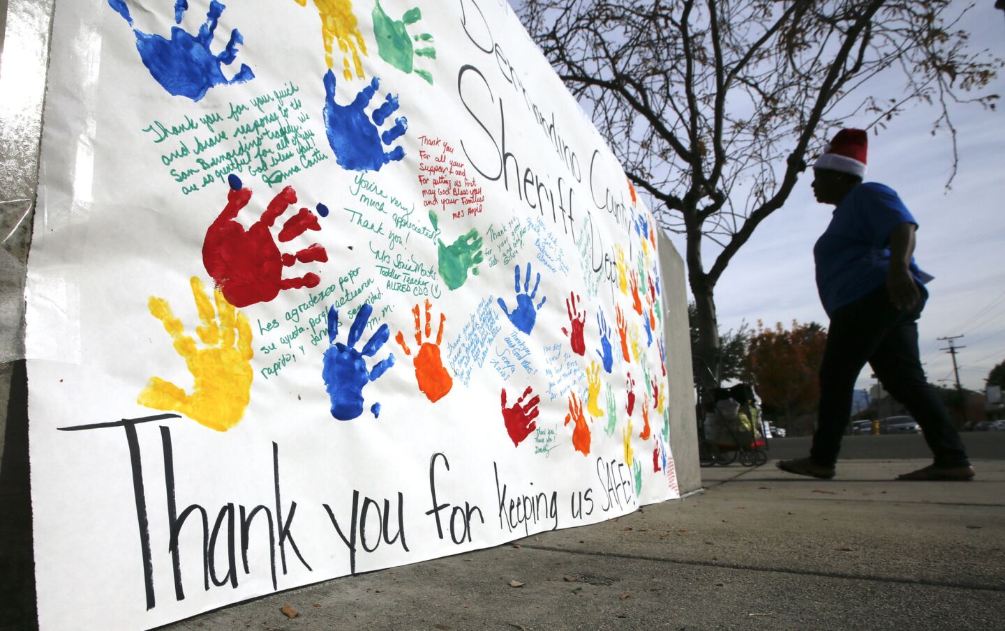 One week after the mass shooting at the Inland Regional Center in San Bernardino, the public is posting signs of gratitude and thanks like this one found at the San Bernardino Police Department.