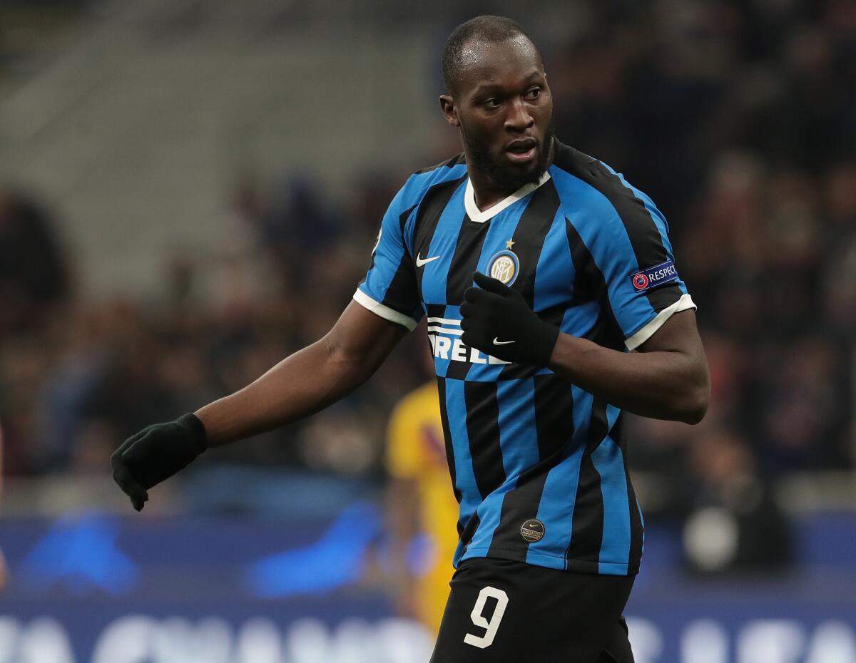 Inter Milan's Romelu Lukaku catches his breath during a break in play against Barcelona during a Champions League game earlier this month.