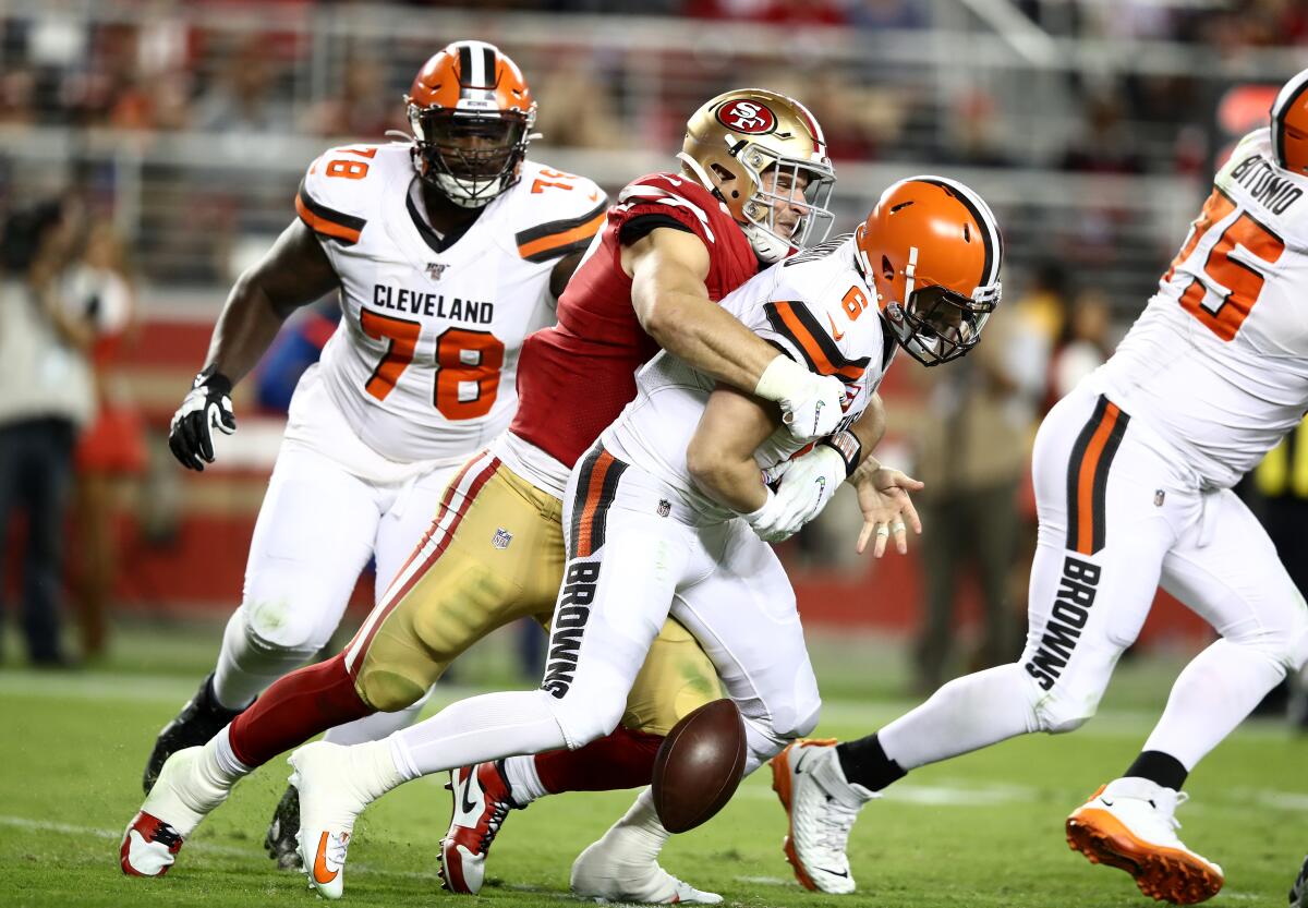 San Francisco 49ers defensive end Nick Bosa sacks and forces a fumble by Cleveland Browns quarterback Baker Mayfield on Oct. 7 in Santa Clara. The Browns recovered the ball on that play but lost the game 31-3.