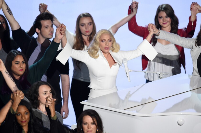 Singer-songwriter Lady Gaga performs onstage during the 88th Academy Awards.