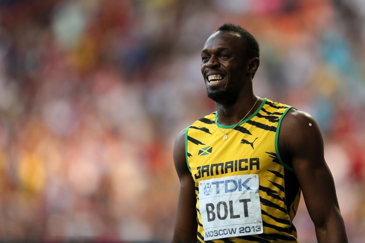 Jamaican sprinter Usain Bolt at the world championships in Moscow.
