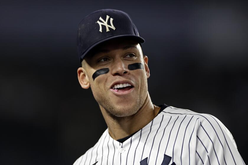 New York Yankees' Aaron Judge reacts during the seventh inning of the team's baseball game.