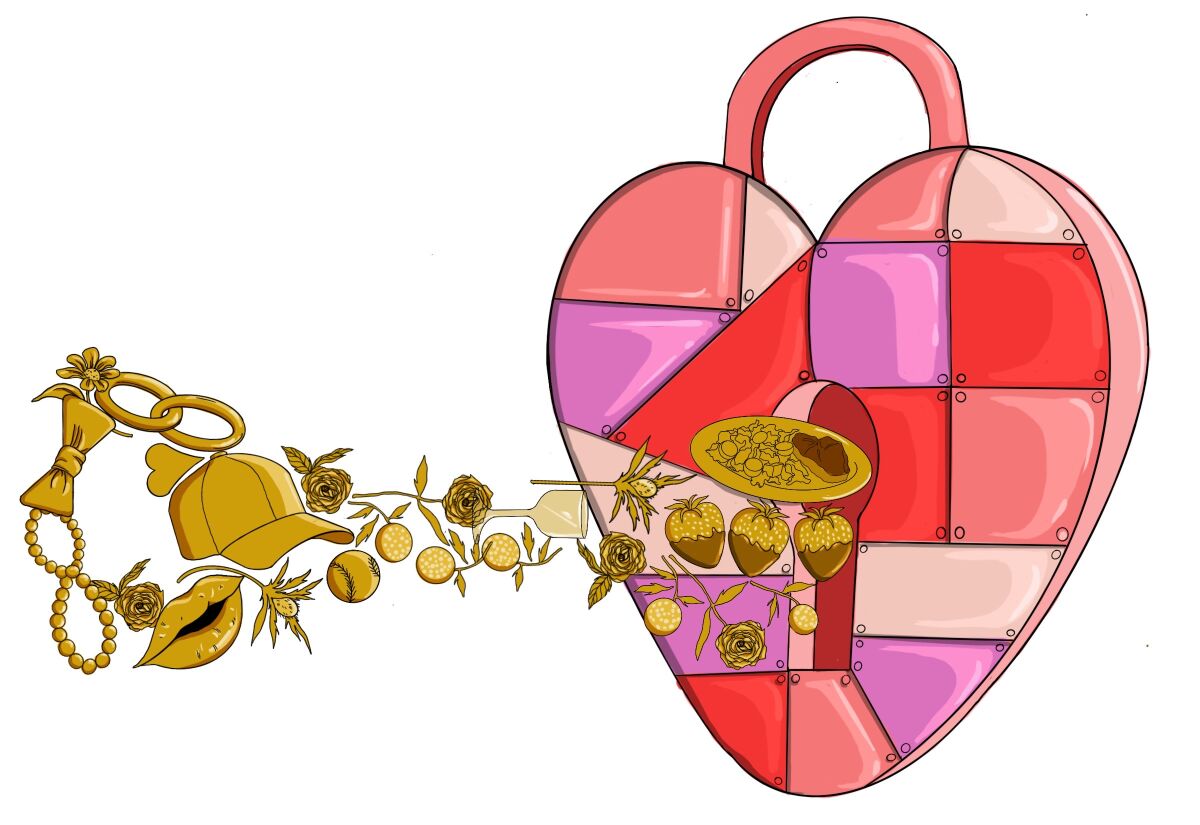 Illustration of a heart-shaped lock, and the "secrets" to opening it, including flowers, a baseball cap and kisses.