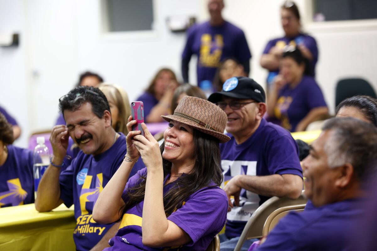 LAS VEGAS- SEIU volunteers react to a speech by Xavier Becerra (CA-34),a U.S. Representative of Los Angeles and Chairman of the House Democratic Caucus at a rally in Las Vegas Both Becerra and Los Angeles Mayor Eric Garcetti spoke at the event. (Francine Orr/ Los Angeles Times)