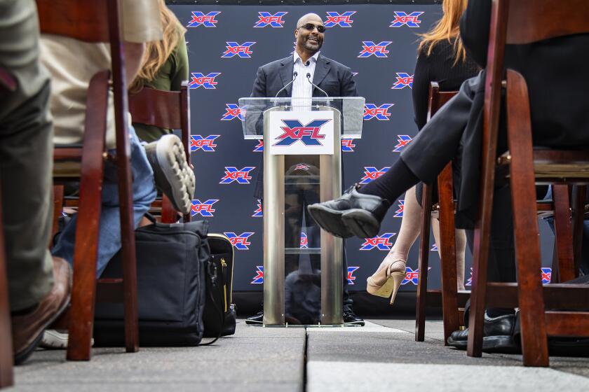 LOS ANGELES, CA - MAY 7, 2019: Winston Moss, former associate head coach of the Green Bay Packers, addresses the media after it was announced he will be the head coach of XFL's Los Angeles team during a press conference on The Terrace at LA LIVE May 7, 2019 in Los Angeles, California.(Gina Ferazzi/Los AngelesTimes)