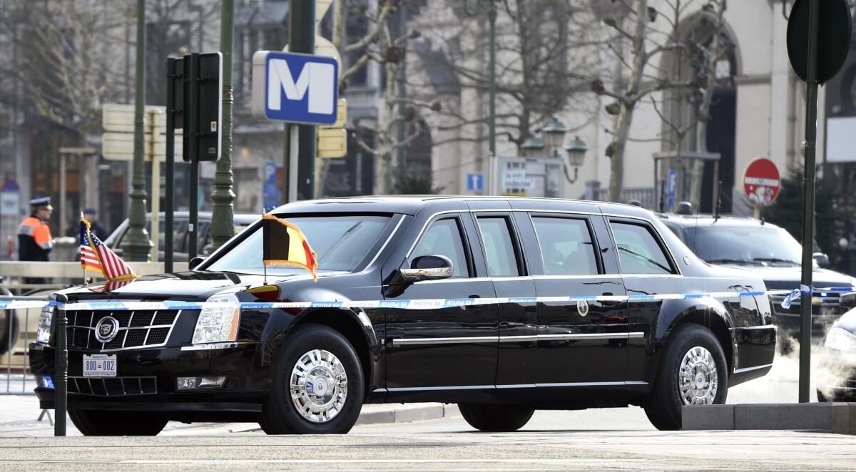 President Obama's limousine leaves The Hotel in Brussels.