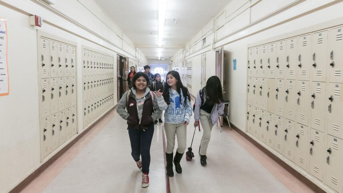 Students walk to their lunch at El Sereno Middle School during the teachers' strike.