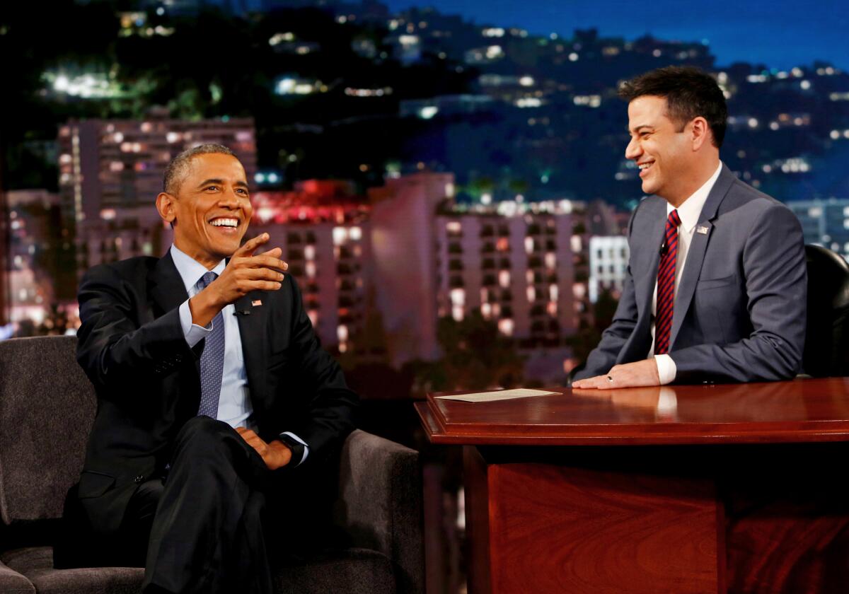 Former President Barack Obama chats with Jimmy Kimmel in 2015 on "Jimmy Kimmel Live."