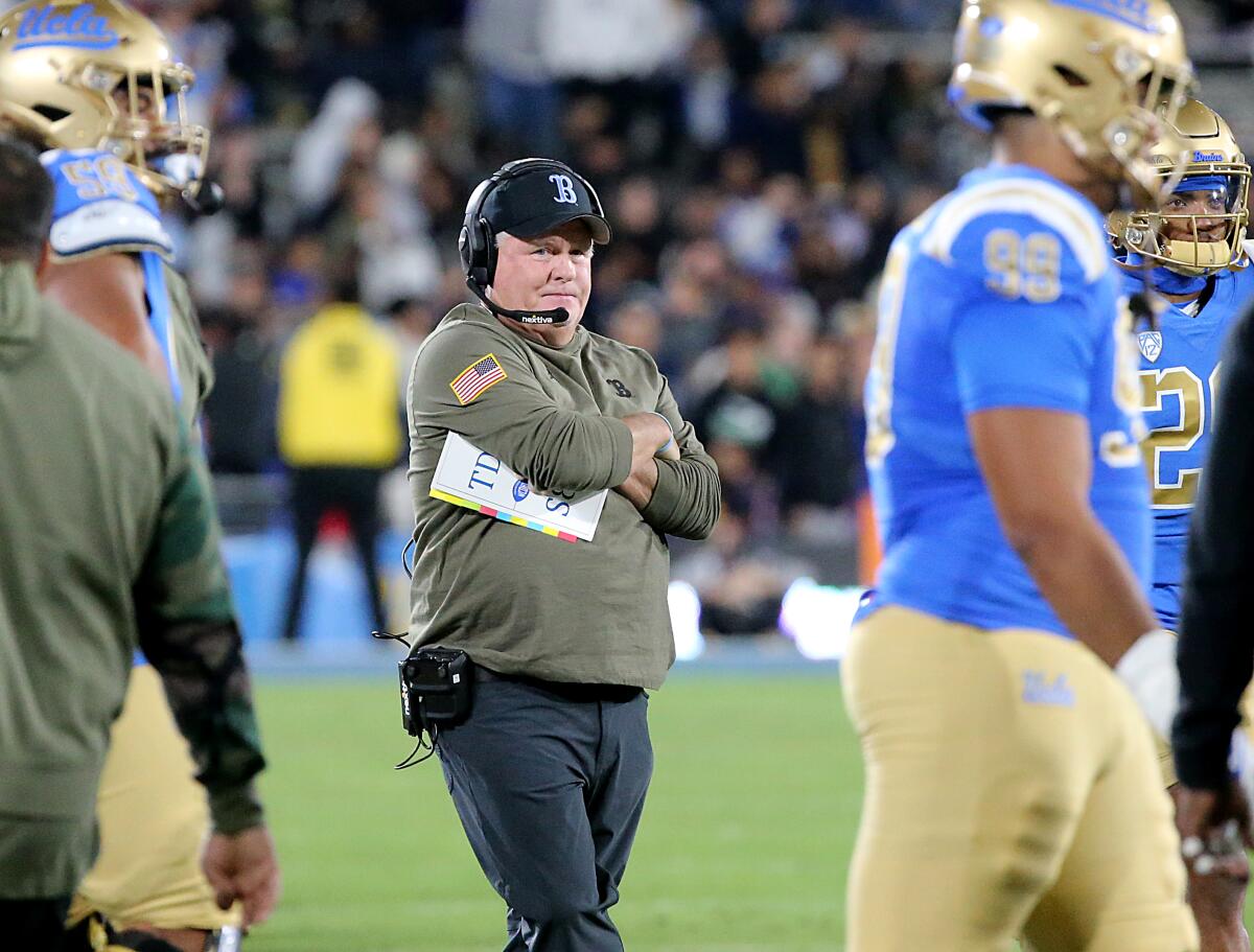UCLA coach Chip Kelly looks on from the sideline and reacts after the Bruins failed to score against Arizona State.