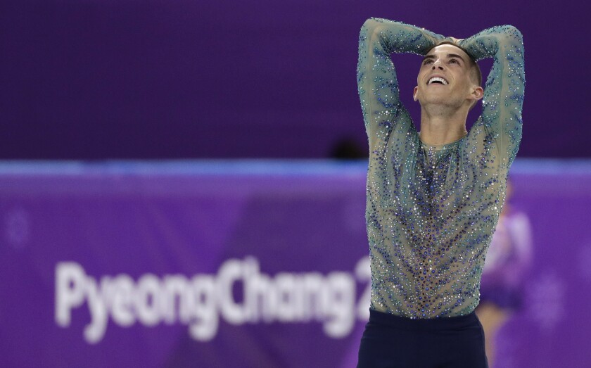 FILE - Adam Rippon of the United States reacts following his performance in the men's free figure skating final in the Gangneung Ice Arena at the 2018 Winter Olympics in Gangneung, South Korea, Saturday, Feb. 17, 2018. Rippon, who came out publicly in October 2015, was the first openly gay athlete to represent the United States in Olympic competition. (AP Photo/David J. Phillip, File)