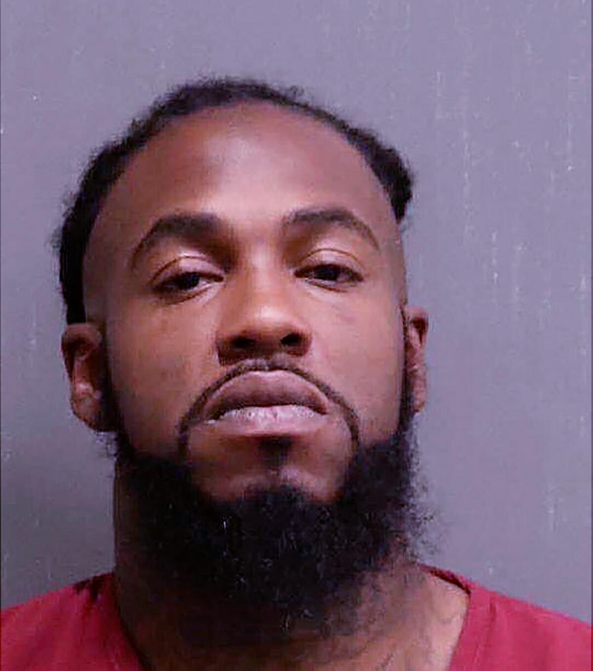 A booking photo of a bearded person.