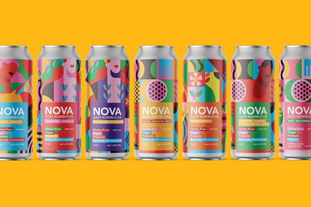 At Nova Brazil, the kombucha-brewing arm of Novo Brazil, colorful cans are adorned with art.