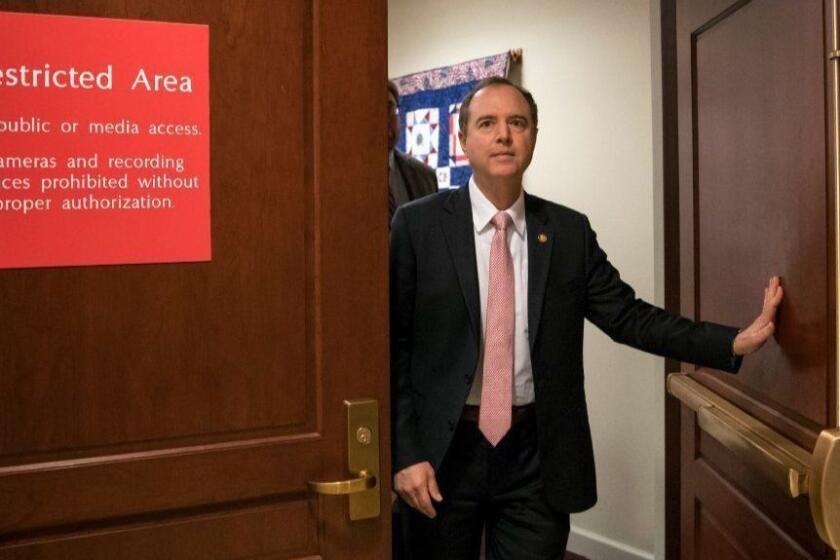 FILE - In this March 22, 2018 file photo, Rep. Adam Schiff, D-Calif., ranking member of the House Intelligence Committee, exits a secure area to speak to reporters, on Capitol Hill in Washington. House Democrats are expected to re-open the investigation into Russian interference in the 2016 election if they win the majority in the November midterms, but they would have to be selective in what they investigate. (AP Photo/J. Scott Applewhite)