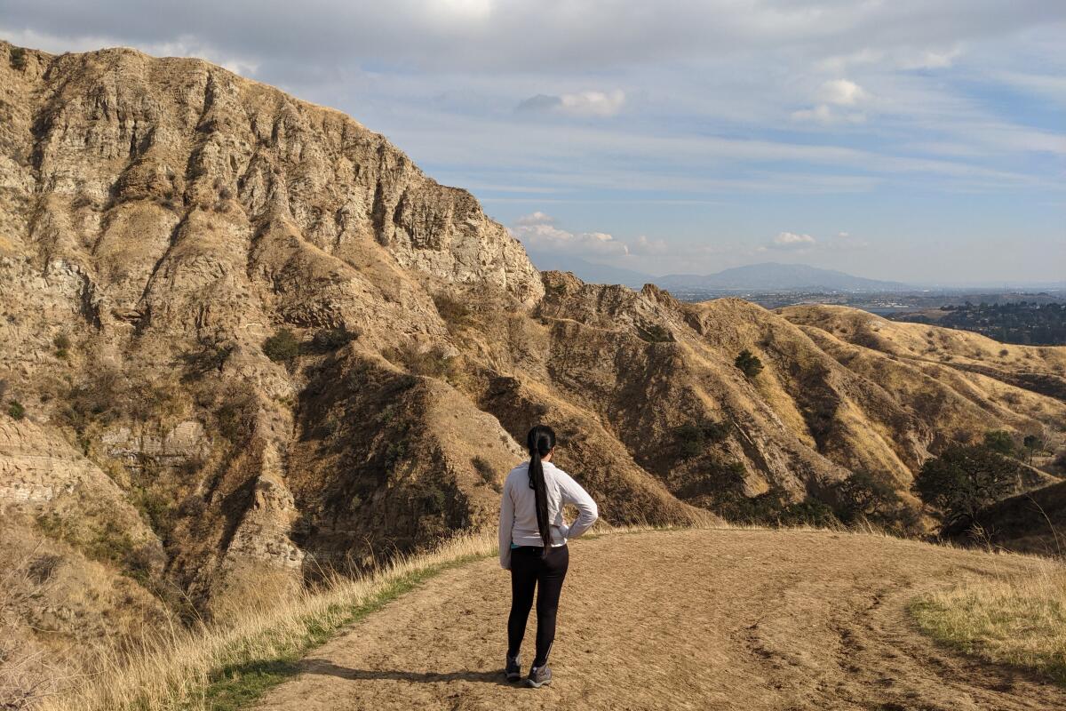 A person stands on a dirt trail next to sand-colored hills in O'Melveny Park