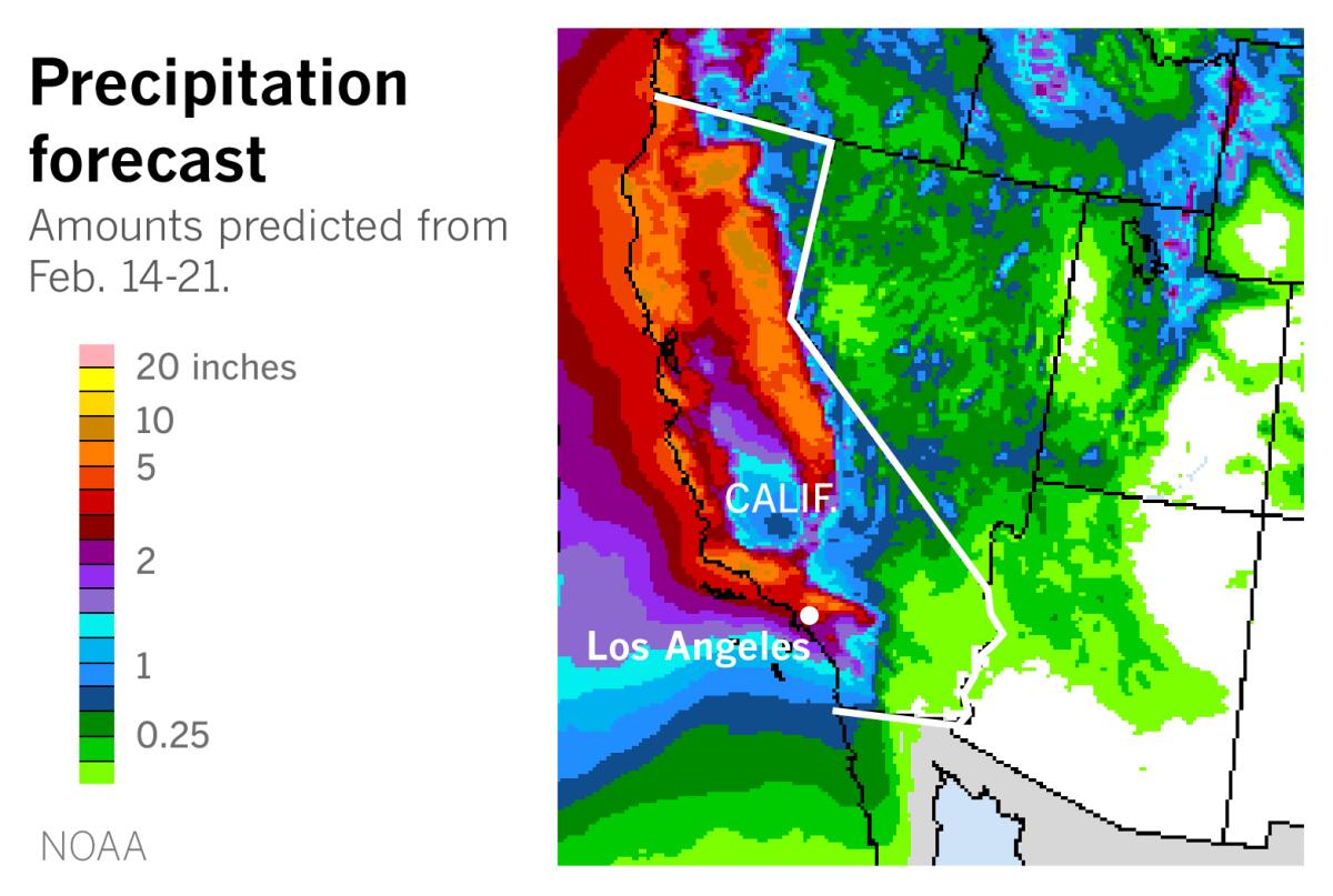 Map showing predicted precipitation in Calif. from Feb. 14-21.