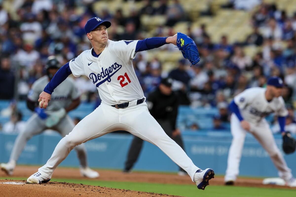 Dodgers pitcher Walker Buehler delivers during the first inning of a 6-3 win over the Miami Marlins.