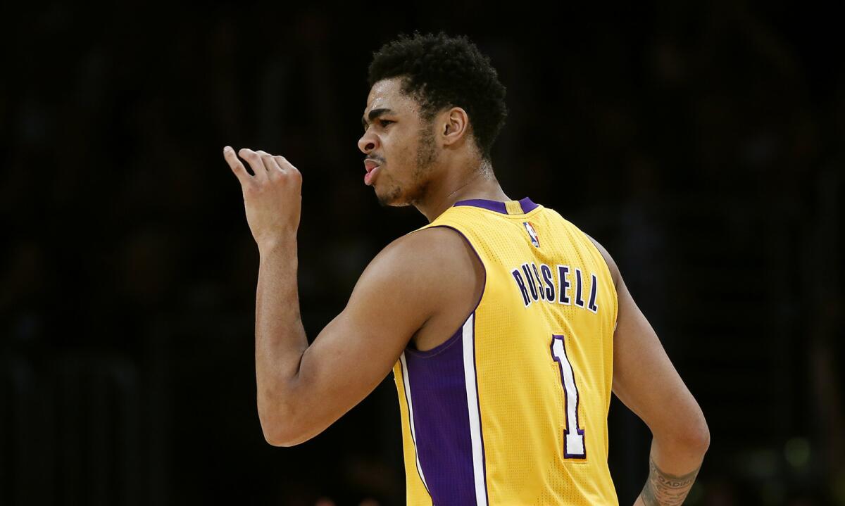 D'Angelo Russell follows through after hitting a three pointer against the Timberwolves on February 2.